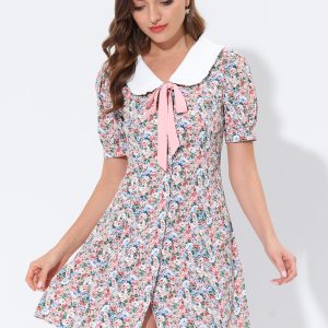 Peter Pan Collar Flowy Short Sleeve Ruffle Summer Floral Shirt Dress Pink-White/S - Allegra K catalog
