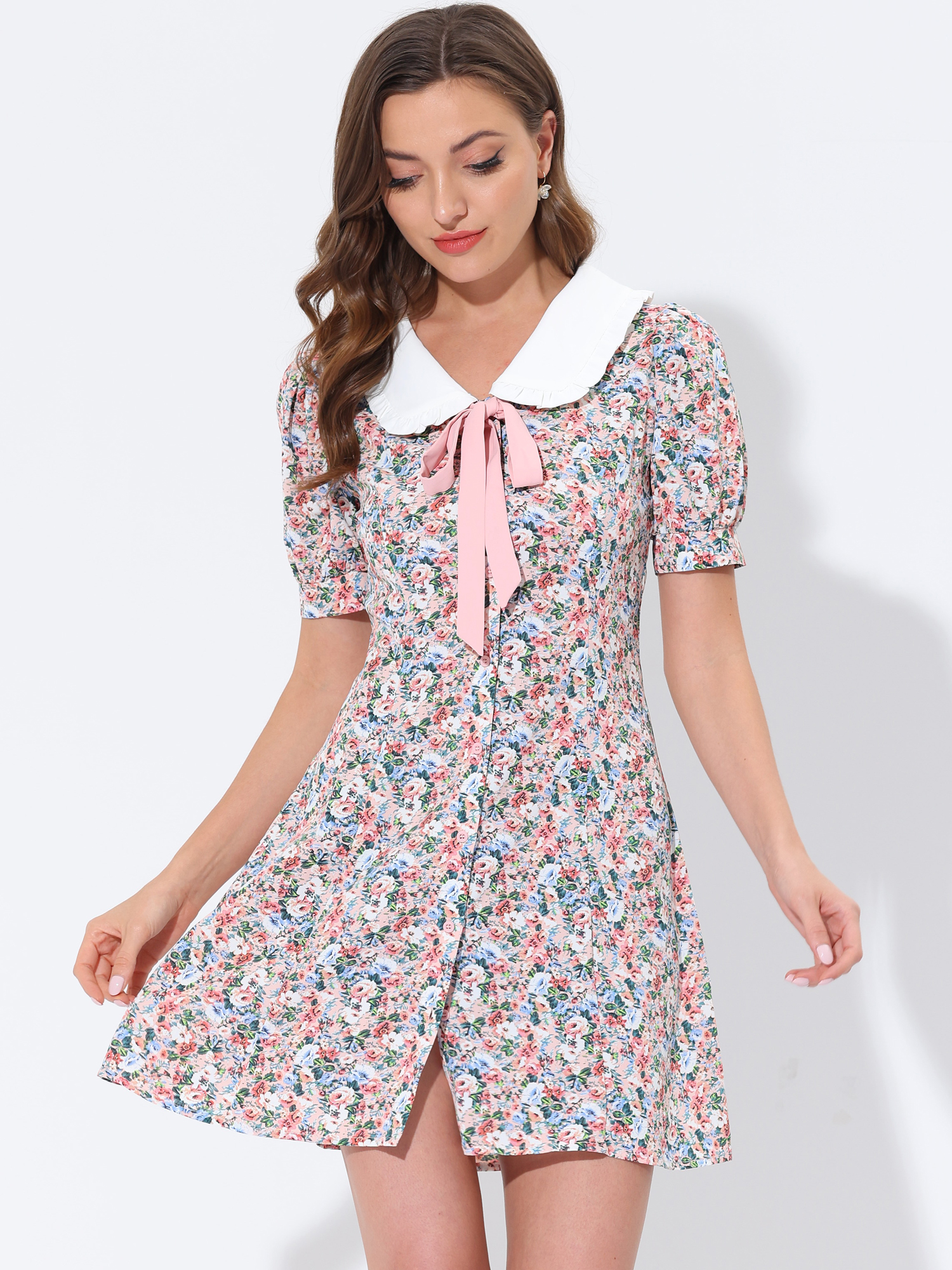 Peter Pan Collar Flowy Short Sleeve Ruffle Summer Floral Shirt Dress Pink-White/XL - Allegra K catalog