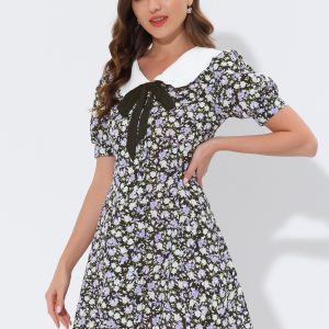 Peter Pan Collar Flowy Short Sleeve Ruffle Summer Floral Shirt Dress Black-White/S - Allegra K catalog