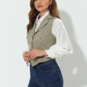 Plaid Waistcoat Notched Lapel Collar Single Breasted Vintage Vest Brown/L - Allegra K catalog
