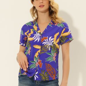 Hawaiian Floral Leaves Tropical Button Down Shirt Blue-Violet/S - Allegra K catalog