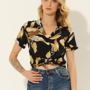 Hawaiian Floral Leaves Tropical Button Down Shirt Black Brown/M - Allegra K catalog