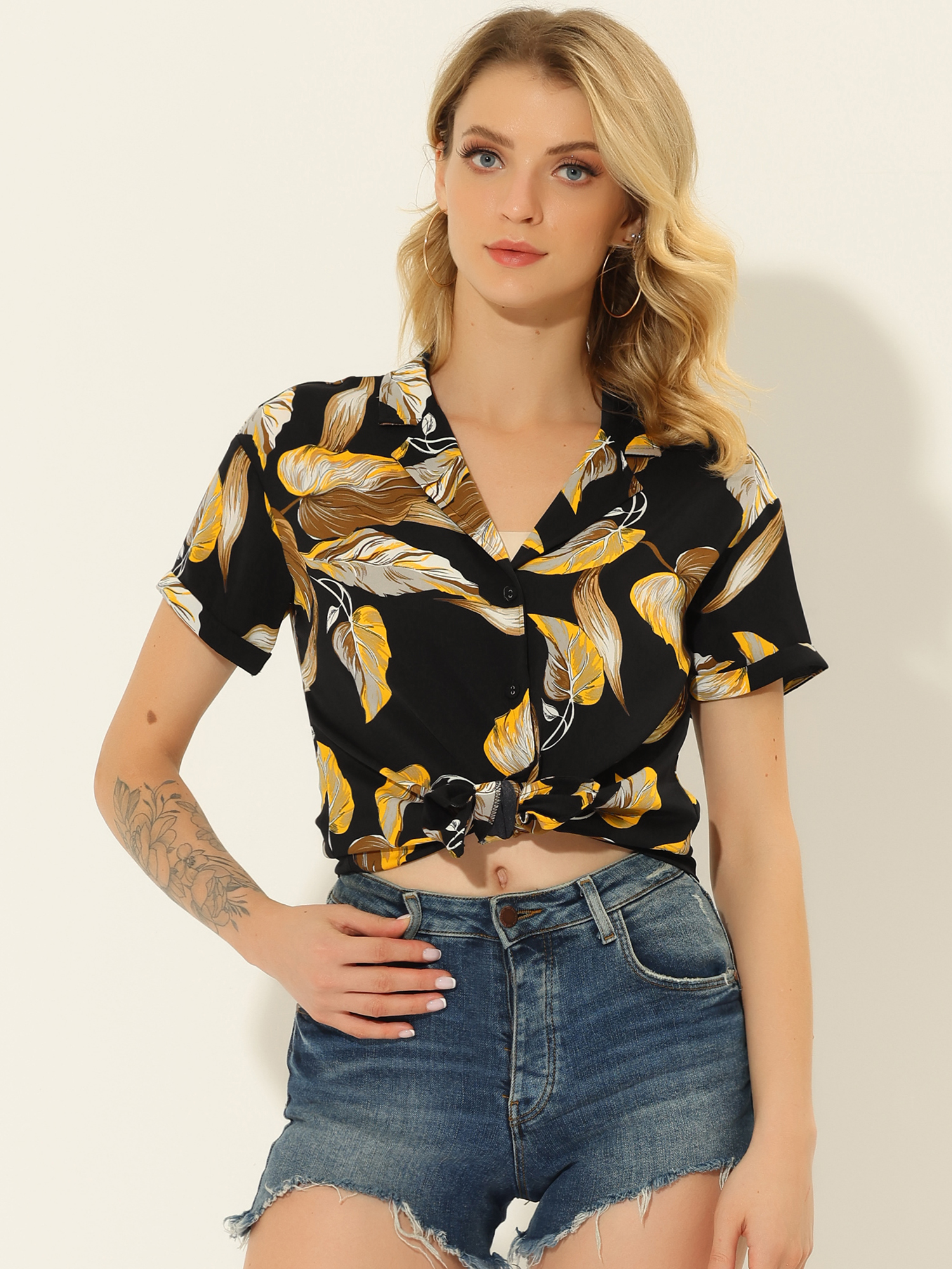 Hawaiian Floral Leaves Tropical Button Down Shirt Black Brown/M - Allegra K catalog