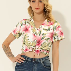 Hawaiian Floral Leaves Tropical Button Down Shirt White Pink/L - Allegra K catalog