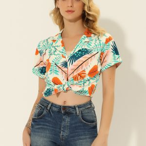 Hawaiian Floral Leaves Tropical Button Down Shirt Beige Blue/XL - Allegra K catalog