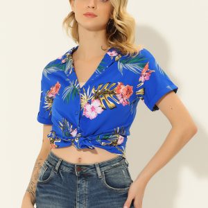 Hawaiian Floral Leaves Tropical Button Down Shirt Royal Blue/XL - Allegra K catalog