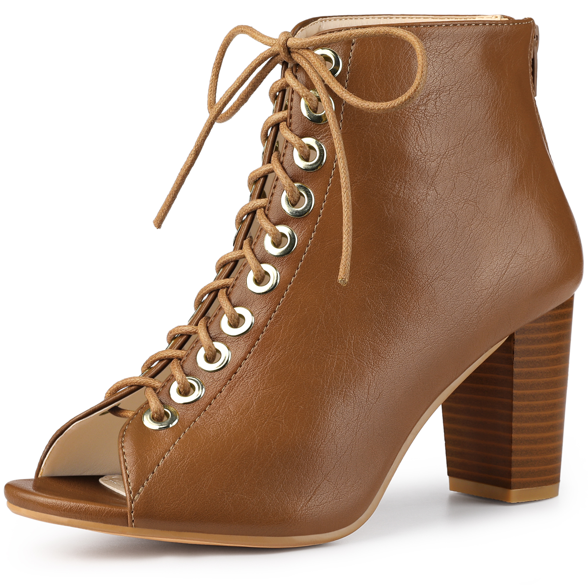 Peep Toe Lace Up Chunky Heel Ankle Booties Brown/8.5 - Allegra K catalog