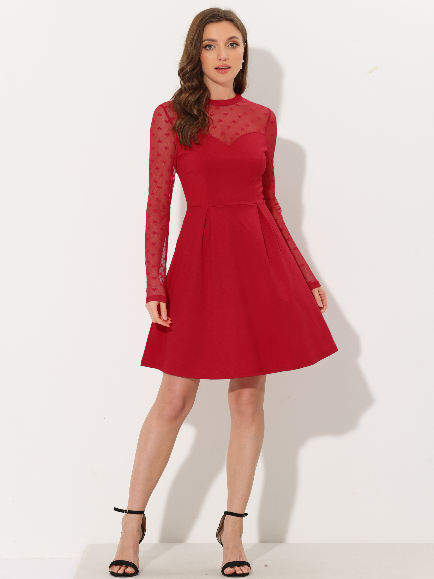 Party Heart Mesh Sheer Sleeve Crew Neck Skater Short Dress Red/L - Allegra K catalog