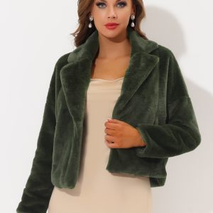 Allegra K Cropped Notch Lapel Faux Fur Fluffy Jacket Army Green/M - Allegra K catalog