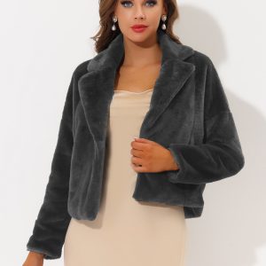 Allegra K Cropped Notch Lapel Faux Fur Fluffy Jacket Dark Grey/XL - Allegra K catalog