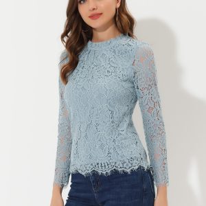 Lace Long Sleeve Ruffle Stand Neck Floral Blouse Gray Blue/L - Allegra K catalog