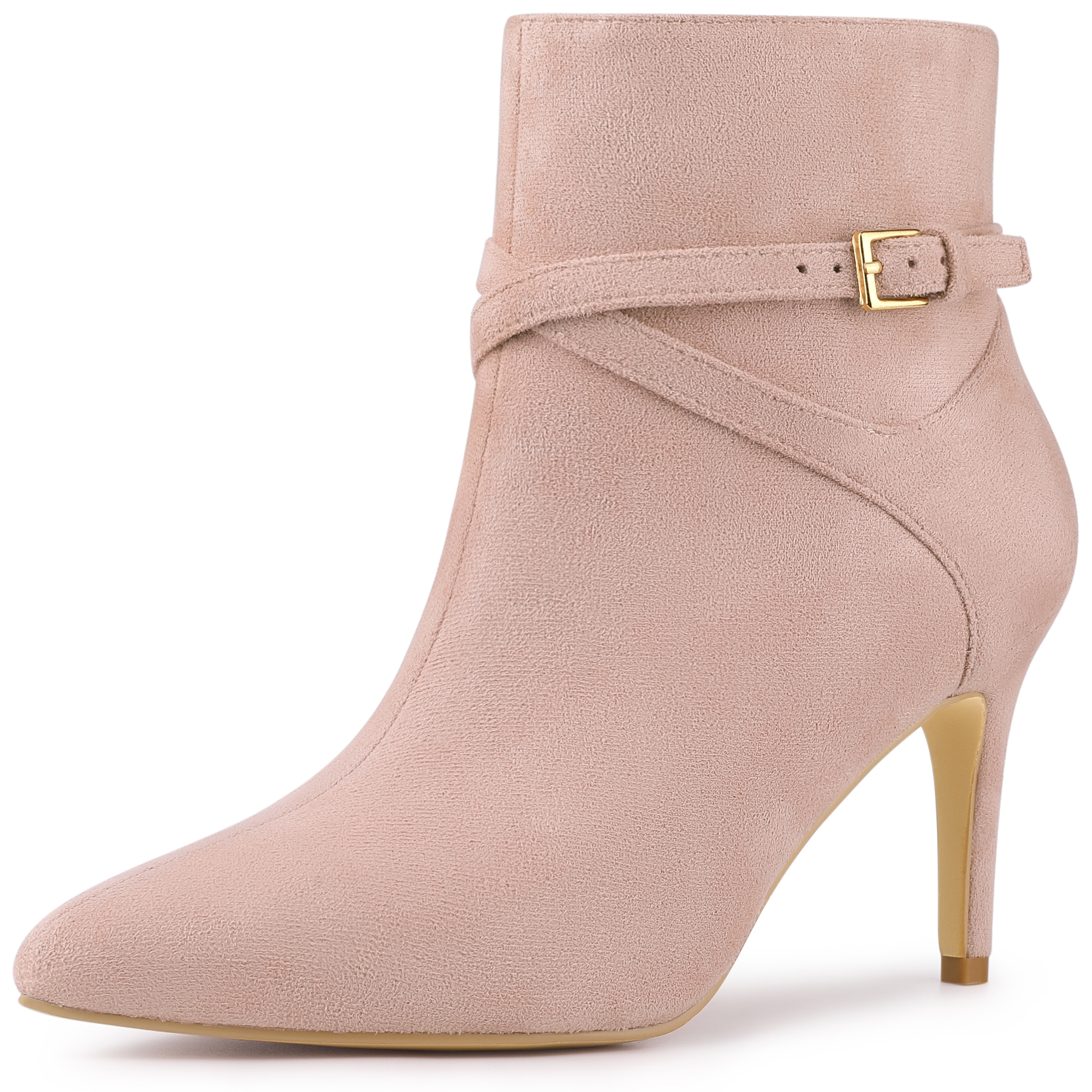 Pointy Toe Buckle Cross Straps Stiletto Heel Ankle Boots Dust Pink/6 - Allegra K catalog