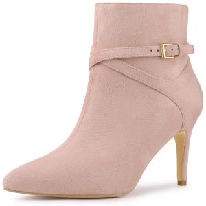 Pointy Toe Buckle Cross Straps Stiletto Heel Ankle Boots Dust Pink/9.5 - Allegra K catalog