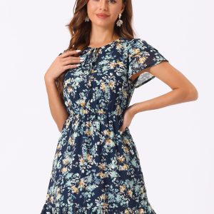Ruffle Sleeve V Neck Above Knee A-Line Floral Chiffon Dress Navy Blue/L - Allegra K catalog