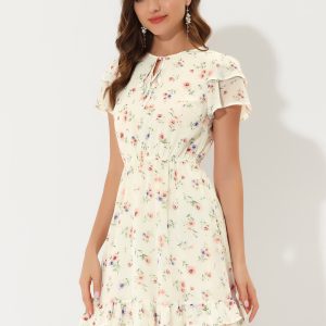 Ruffle Sleeve V Neck Above Knee A-Line Floral Chiffon Dress Cream White/L - Allegra K catalog