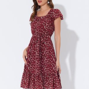 Floral Chiffon Flutter Sleeve Belted Square Neck Ruffled Hem Dress Burgundy/XS - Allegra K catalog