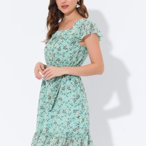 Floral Chiffon Flutter Sleeve Belted Square Neck Ruffled Hem Dress Green/XL - Allegra K catalog