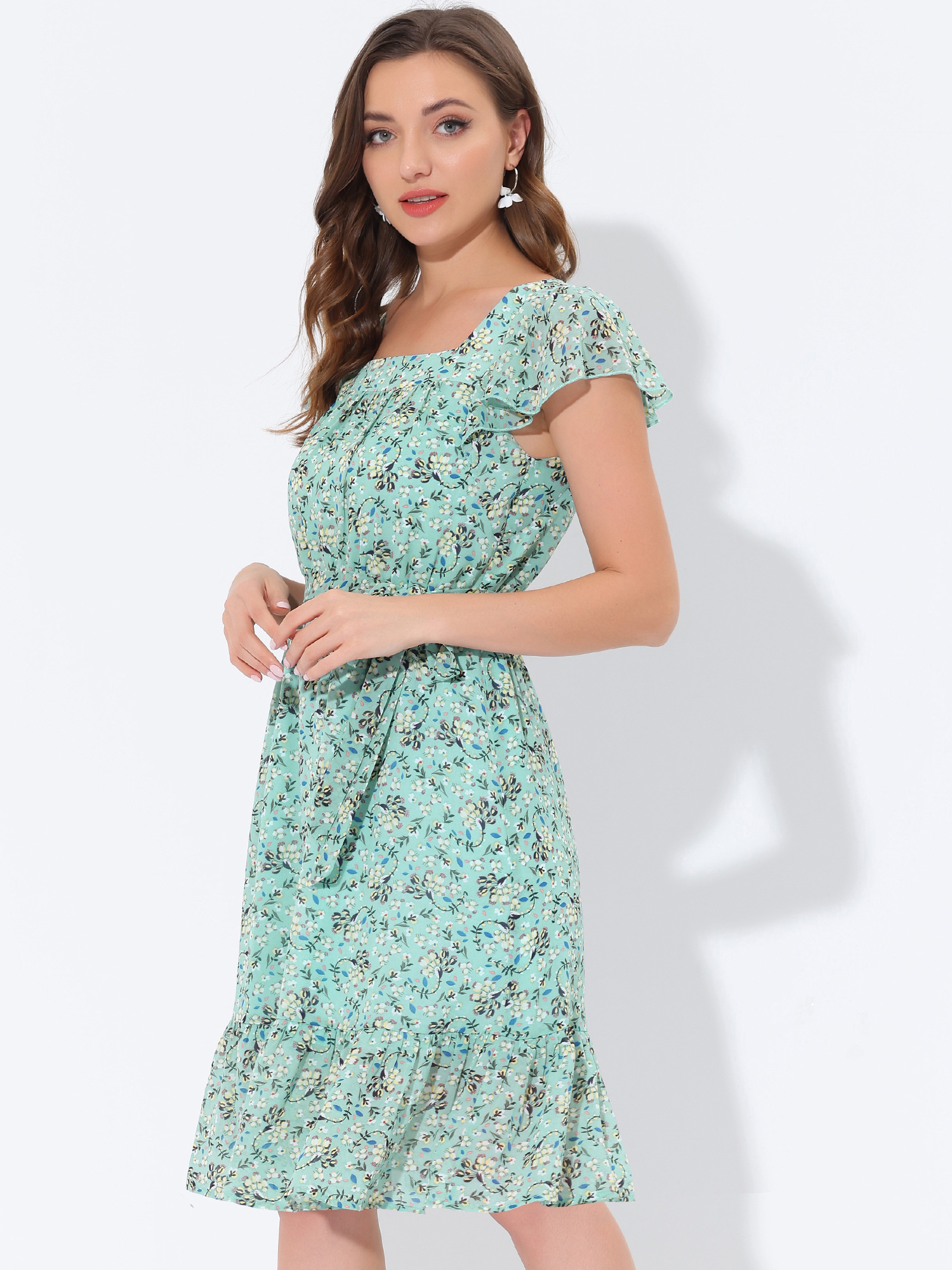 Floral Chiffon Flutter Sleeve Belted Square Neck Ruffled Hem Dress Green/XL - Allegra K catalog