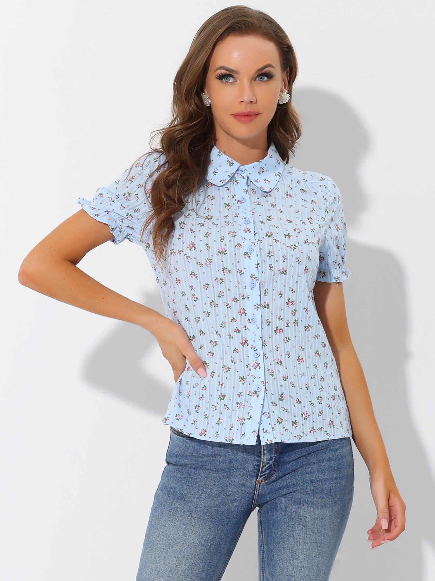 Floral Printed Peter Pan Collar Cotton Short Sleeve Shirt Light Blue/S - Allegra K catalog