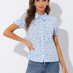 Floral Printed Peter Pan Collar Cotton Short Sleeve Shirt Light Blue/XL - Allegra K catalog