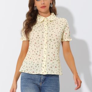 Floral Printed Peter Pan Collar Cotton Short Sleeve Shirt Beige/M - Allegra K catalog