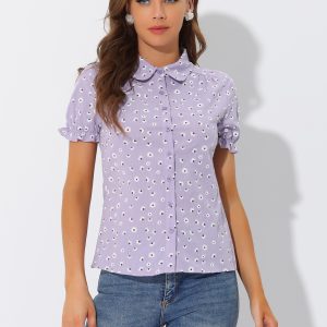 Floral Printed Peter Pan Collar Cotton Short Sleeve Shirt Purple/L - Allegra K catalog
