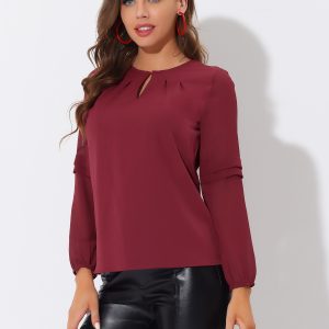 Chiffon Shirt Semi Sheer Keyhole Neck Elegant Work Blouse Wine Red/XL - Allegra K catalog