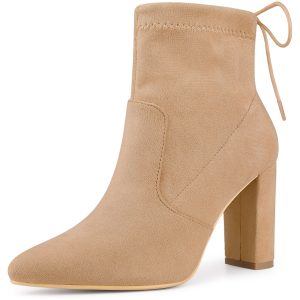 Pointed Toe Drawstring Pull On Block Heel Ankle Boots Khaki/6.5 - Allegra K catalog