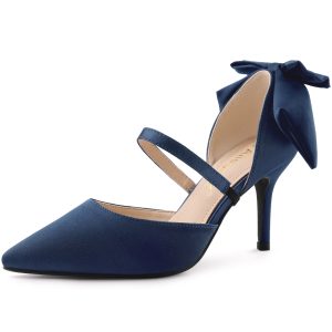 Pointed Toe Bow Satin Stiletto Heel Pumps Navy Blue/6 - Allegra K catalog