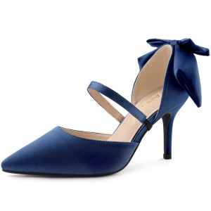 Pointed Toe Bow Satin Stiletto Heel Pumps Navy Blue/11 - Allegra K catalog