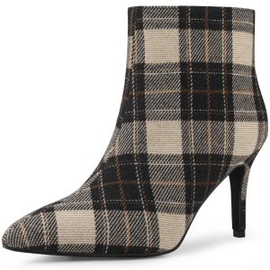 Plaid Pointed Toe Side Zip Stiletto Heel Ankle Boots Brown/8 - Allegra K catalog