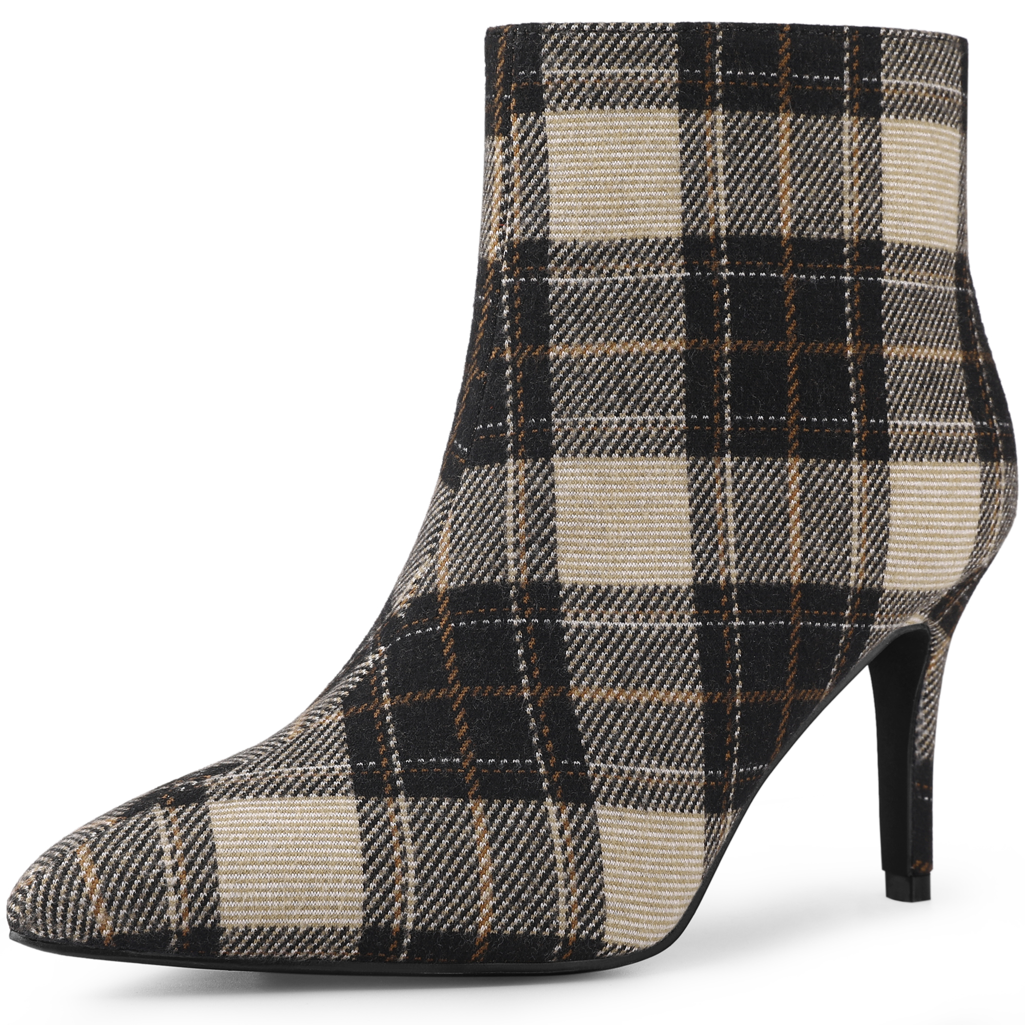 Plaid Pointed Toe Side Zip Stiletto Heel Ankle Boots Brown/8 - Allegra K catalog