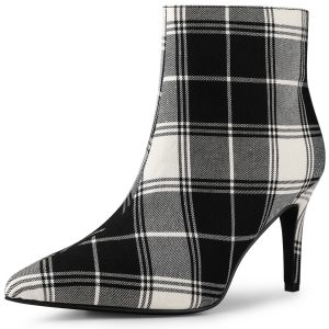 Plaid Pointed Toe Side Zip Stiletto Heel Ankle Boots Black/8 - Allegra K catalog