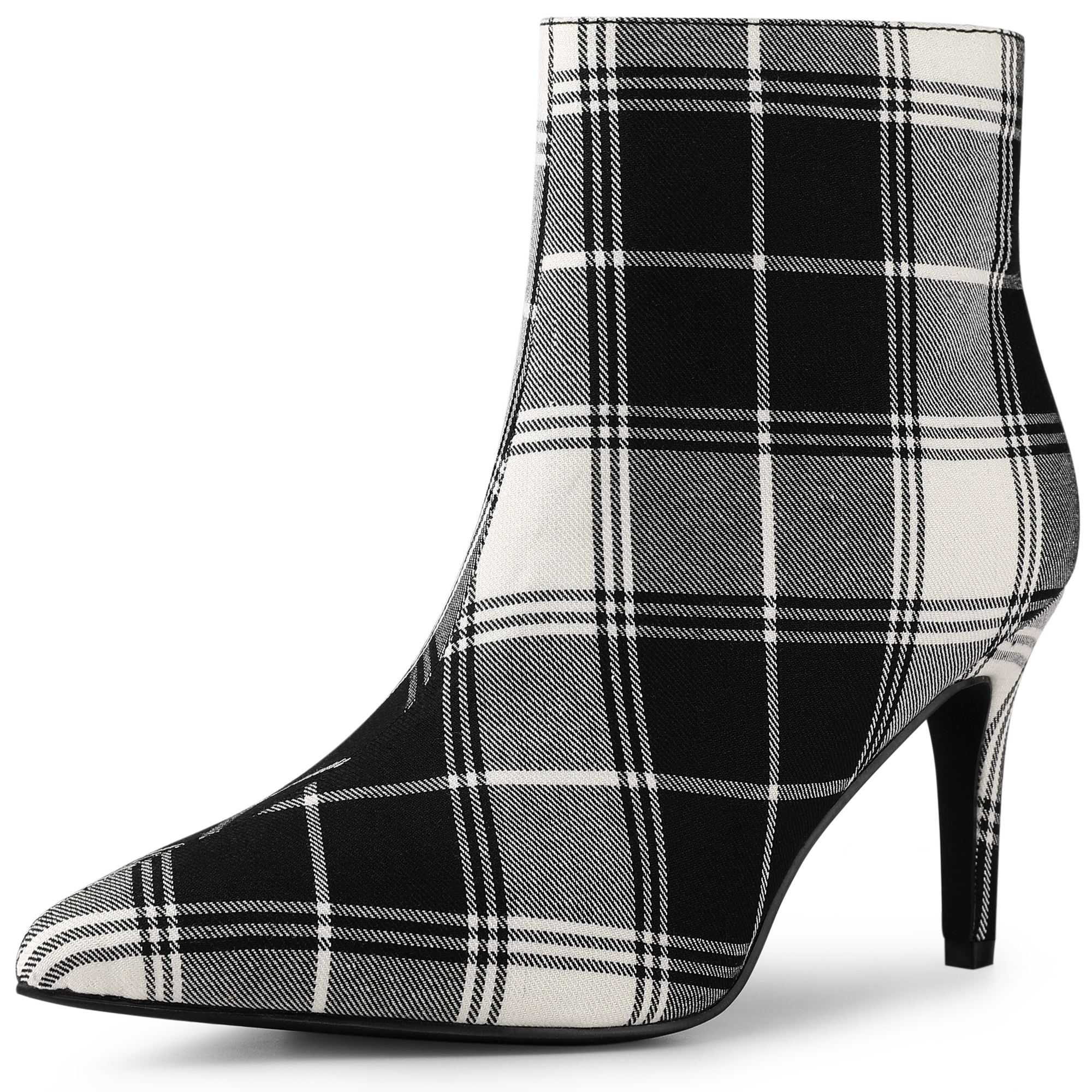 Plaid Pointed Toe Side Zip Stiletto Heel Ankle Boots Black/9.5 - Allegra K catalog