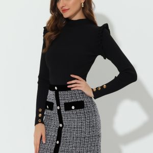 Plaid Tweed Contrast Color Button Decor Business Casual Mini Skirt Black/S - Allegra K catalog