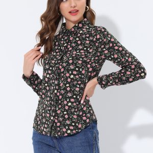 Button Down Floral Long Sleeve Point Collar Blouse Black Red/XS - Allegra K catalog