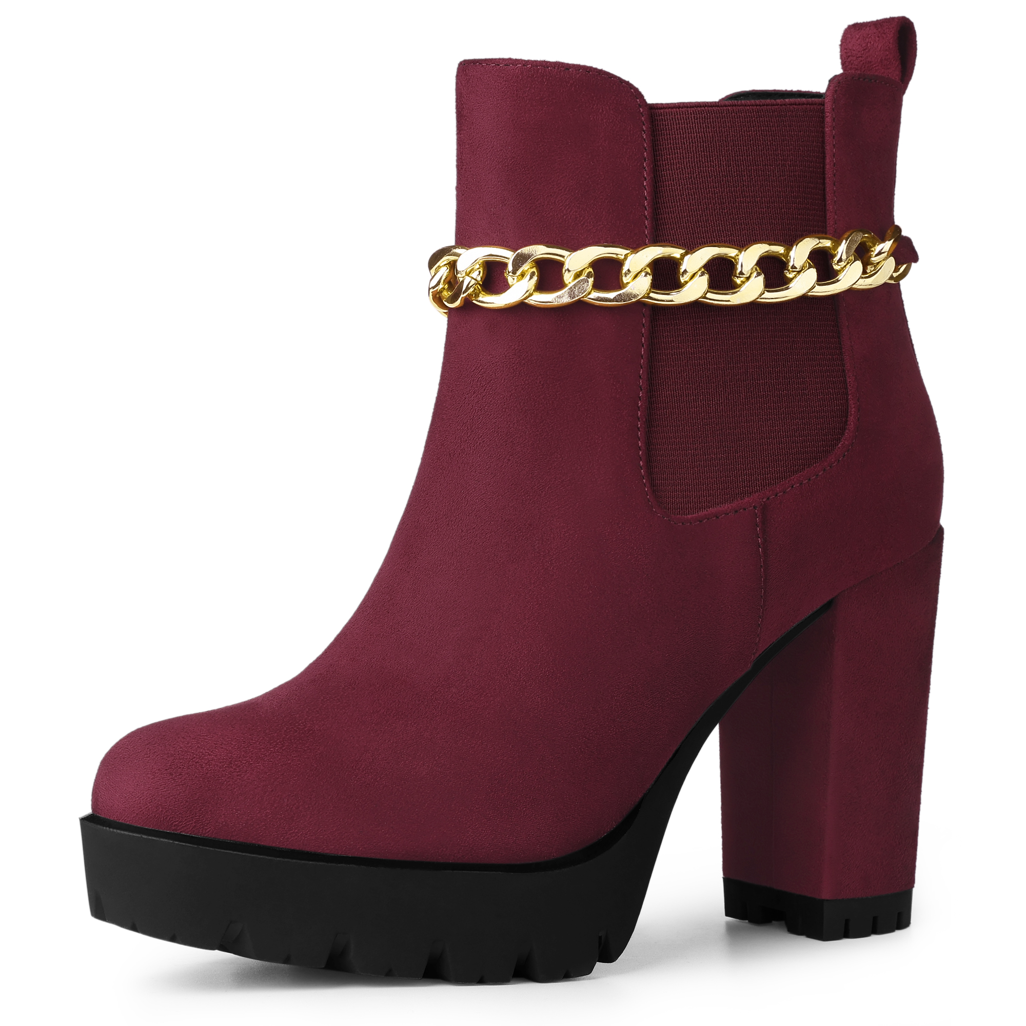 Platform Chain Chunky High Heel Chelsea Boots Burgundy/8 - Allegra K catalog