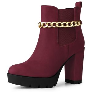 Platform Chain Chunky High Heel Chelsea Boots Burgundy/9 - Allegra K catalog