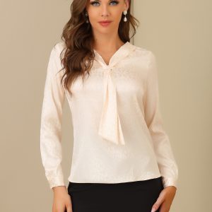 Satin Tie Neck Long Sleeve Solid Color Elegant Office Work Shirt Top Beige Print/L - Allegra K catalog