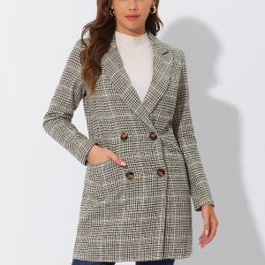 Double Breasted Notched Lapel Plaid Trench Blazer Coat Beige/M - Allegra K catalog