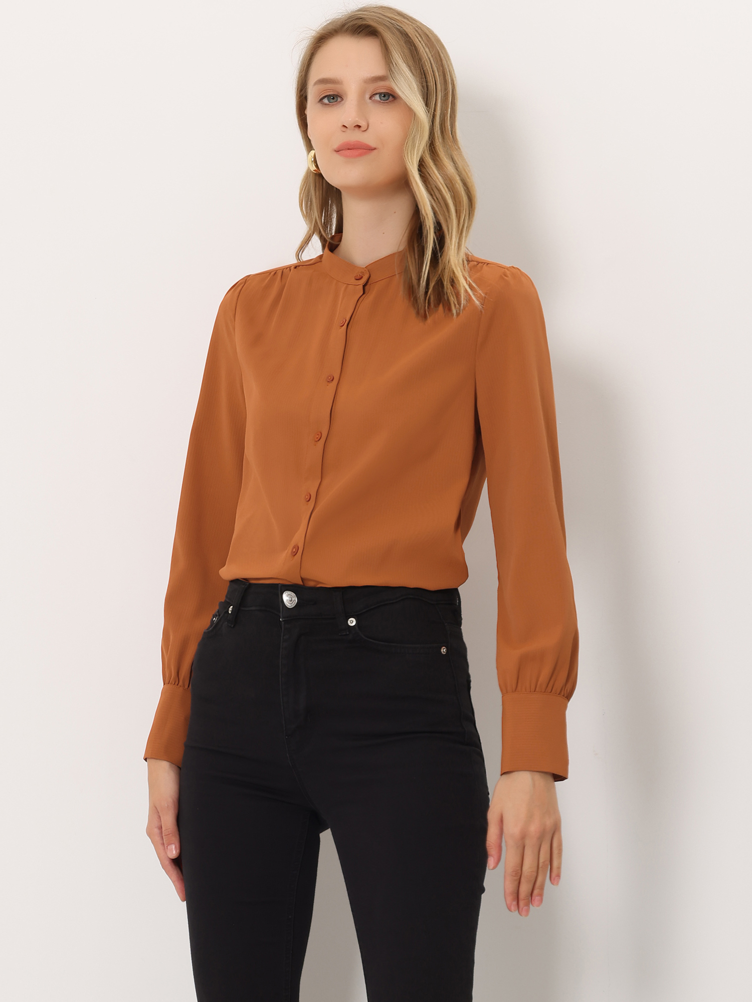 Mandarin Collar Long Sleeve Button Down Office Shirt Orange/XS - Allegra K catalog