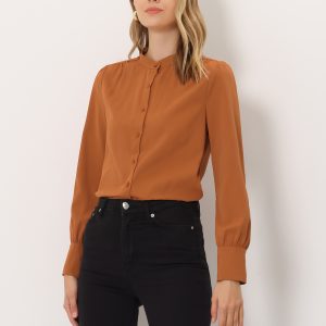 Mandarin Collar Long Sleeve Button Down Office Shirt Orange/S - Allegra K catalog