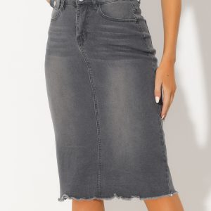 Casual High Waist Back Slit Stretch Denim Midi Skirt Grey/XL - Allegra K catalog