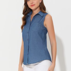 Denim Button Down Sleeveless Lapel V Neck Chambray Tunic Top Blue/XL - Allegra K catalog