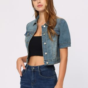Casual Button-Down Puff Long Sleeve Crop Denim Jacket Blue/M - Allegra K catalog