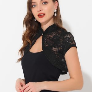 Lace Cardigan Stand Collar Short Elegant Shrug Black/M - Allegra K catalog