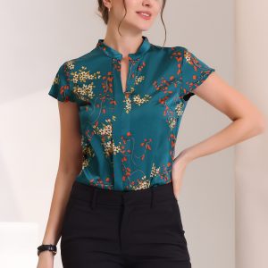 Satin Work Floral Vintage Stand Collar Cap Sleeve Blouse Navy Blue/XL - Allegra K catalog
