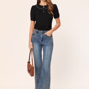 Peter Pan Collar Contrast Trim Puff Sleeve Blouse Black/M - Allegra K catalog