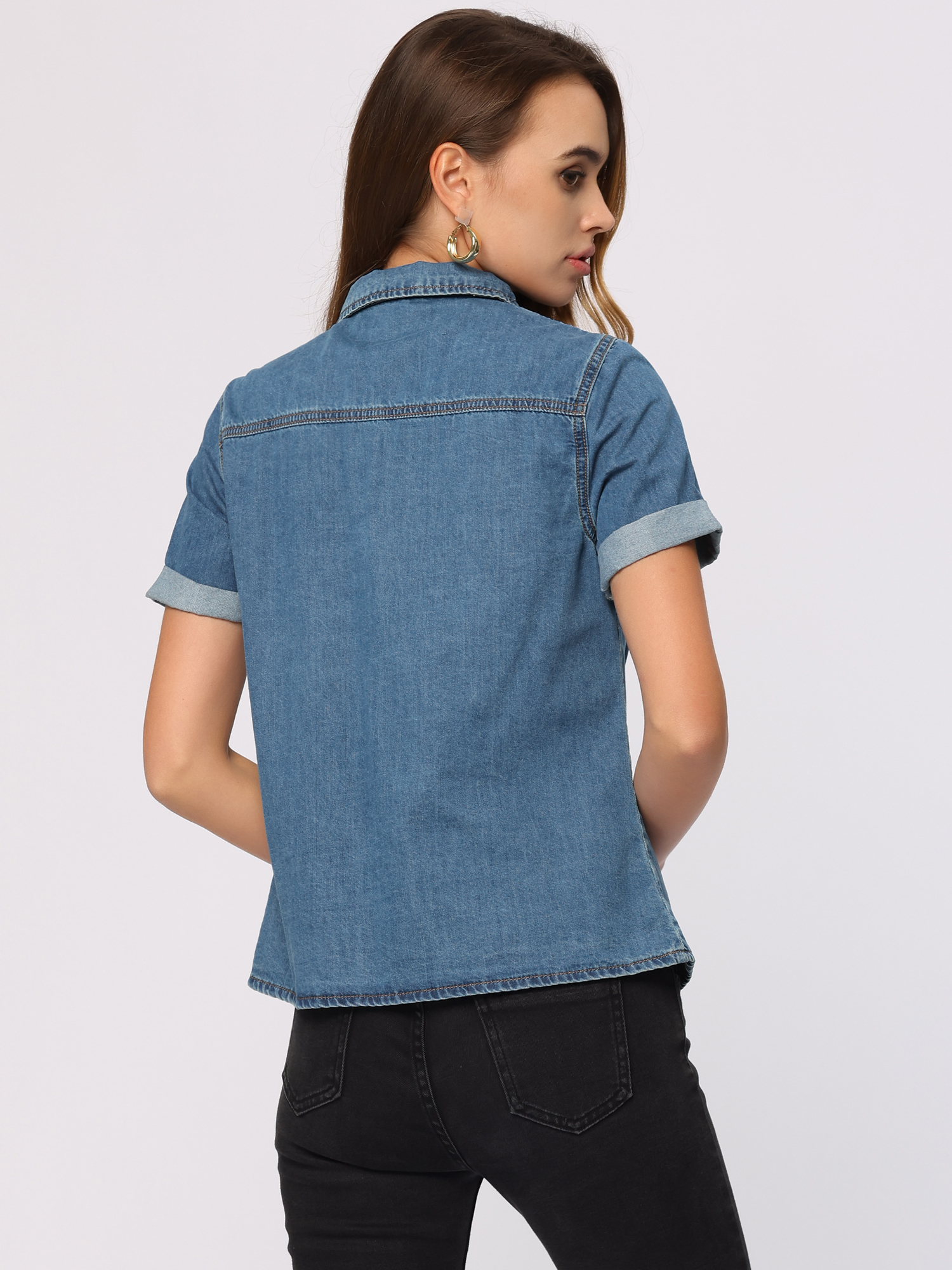 Button Up Collared Short Sleeve Pocket Classic Denim Shirt Blue/M - Allegra K catalog