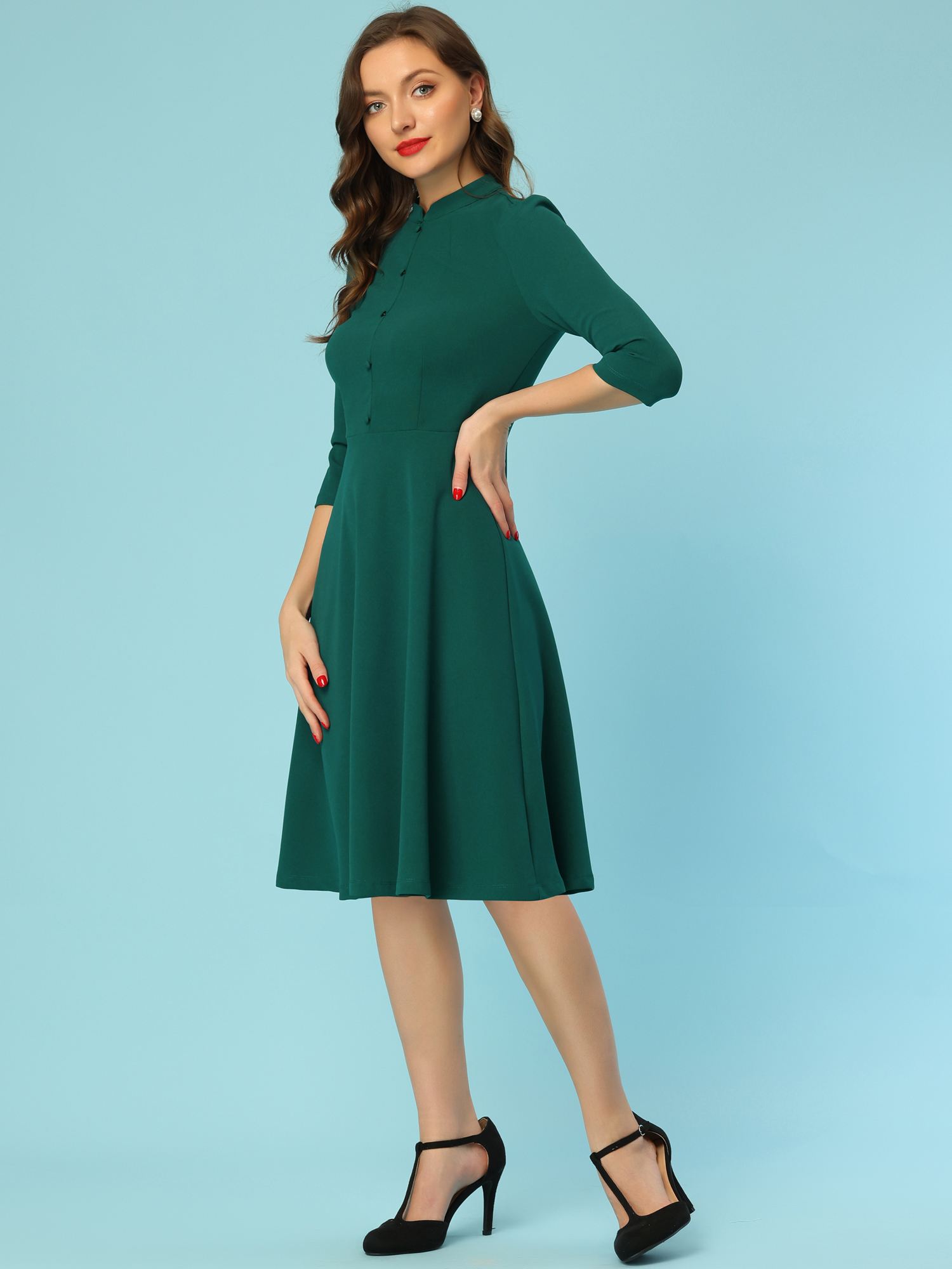 Retro 3/4 Sleeve Stand Collar Office Work Elegant A-Line Dress Dark Green/S - Allegra K catalog